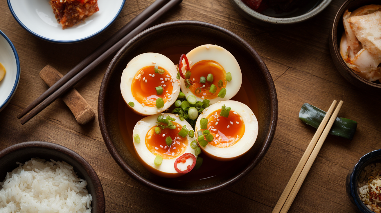 Korean marinated eggs (Mayak eggs) in a glass jar with soy sauce, garlic, and sesame seeds, served with green onions and chili flakes.
