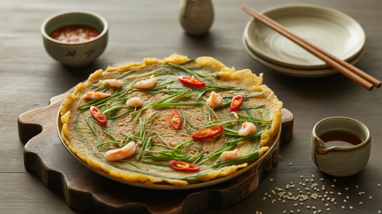 Crispy Korean savory pancake (Pajeon) with green onions, carrots, and shrimp on a white plate, garnished with dipping sauce.