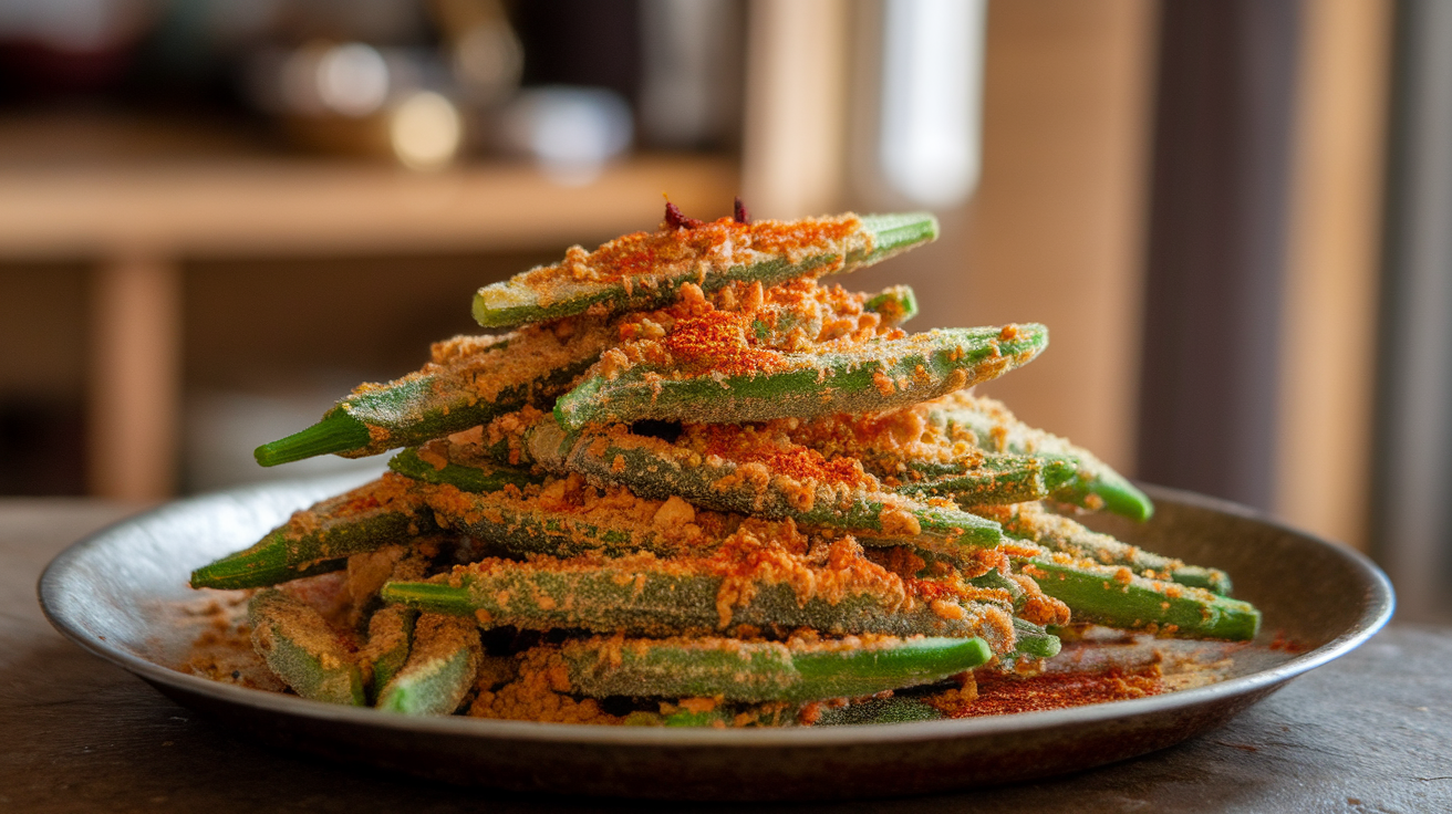 Crispy golden-brown Kurkuri Bhindi served in a bowl with a sprinkle of spices