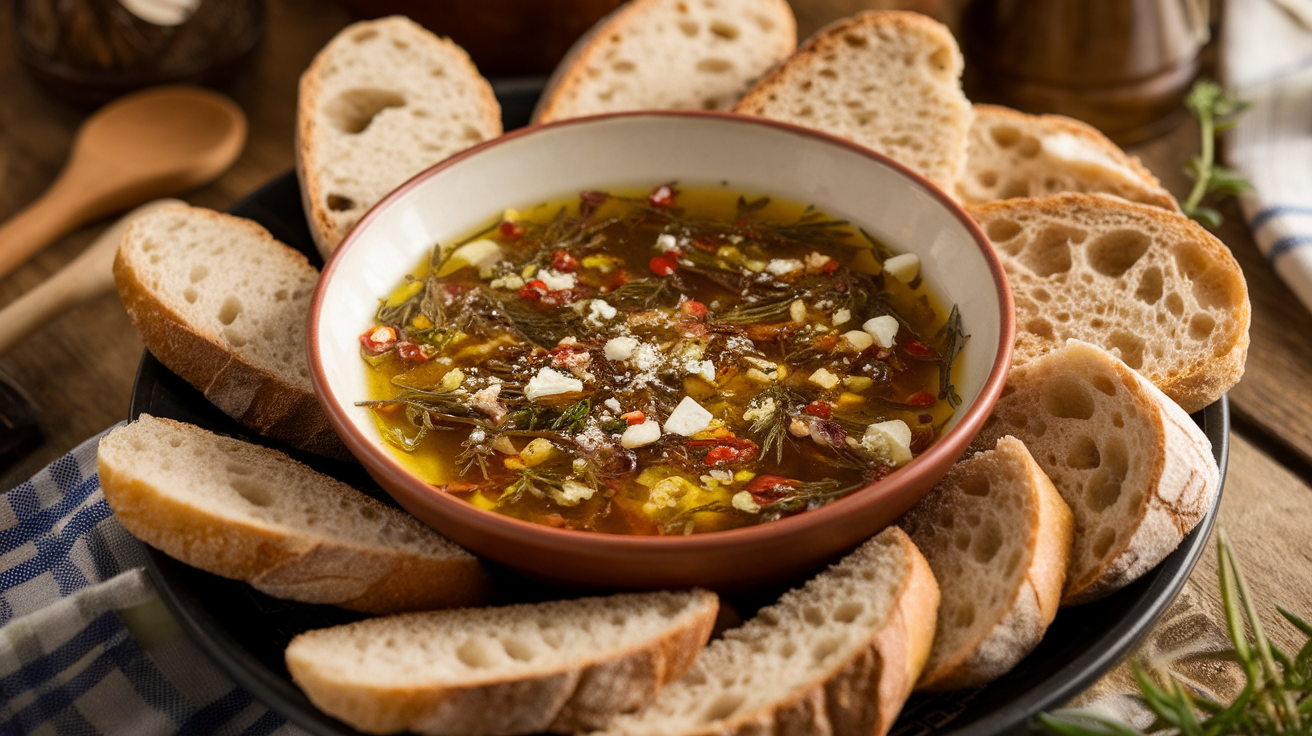 Close-up of a small bowl filled with golden loaded bread dipping oil, garnished with herbs and spices, next to a basket of crusty bread slices.