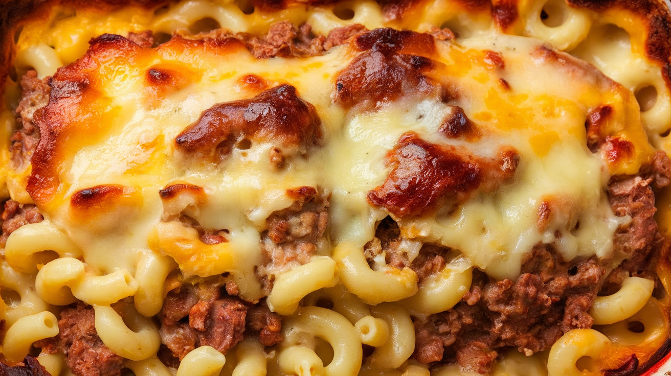 A hearty slice of Mac and Cheese Meatloaf Casserole topped with melted cheddar cheese and garnished with fresh parsley on a white plate.