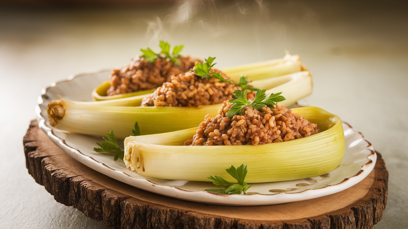 Juicy meat and rice stuffed leeks baked in a rich tomato sauce, garnished with fresh parsley on a white plate.