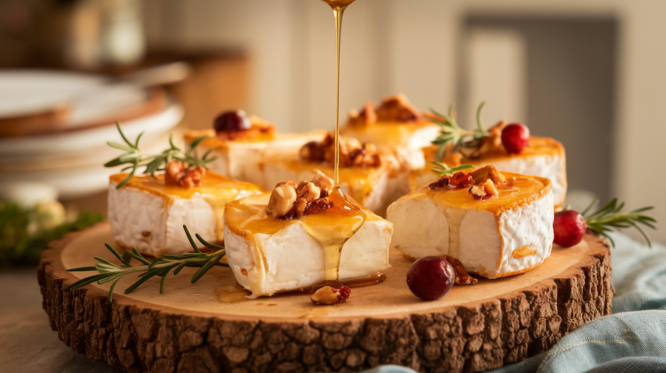 Golden-baked Mini Brie Bites with melted cheese, fresh herbs, and honey drizzle on a wooden board.