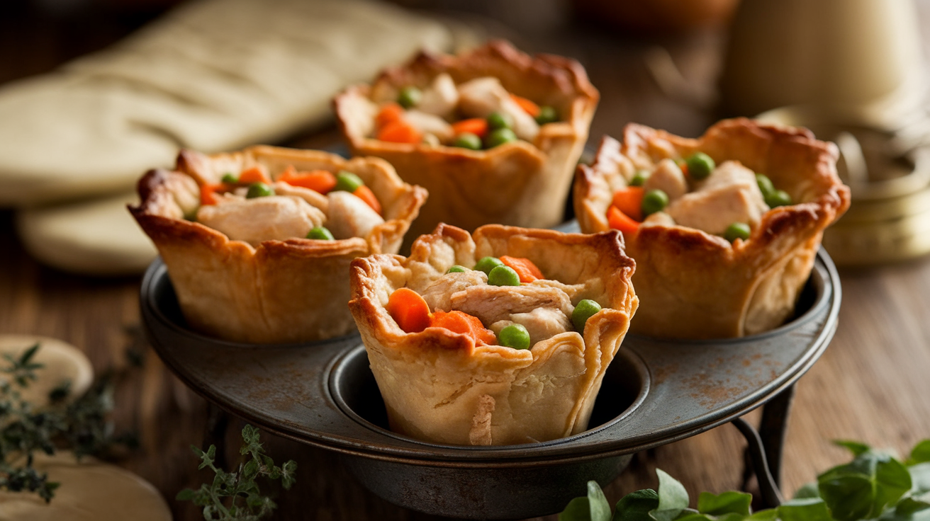 Freshly baked mini chicken pot pies in a muffin tin with golden flaky crust and creamy filling.