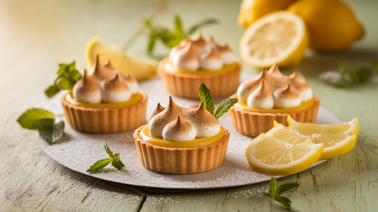 Six golden mini lemon meringue tarts with toasted meringue peaks on a white ceramic plate, garnished with lemon zest.