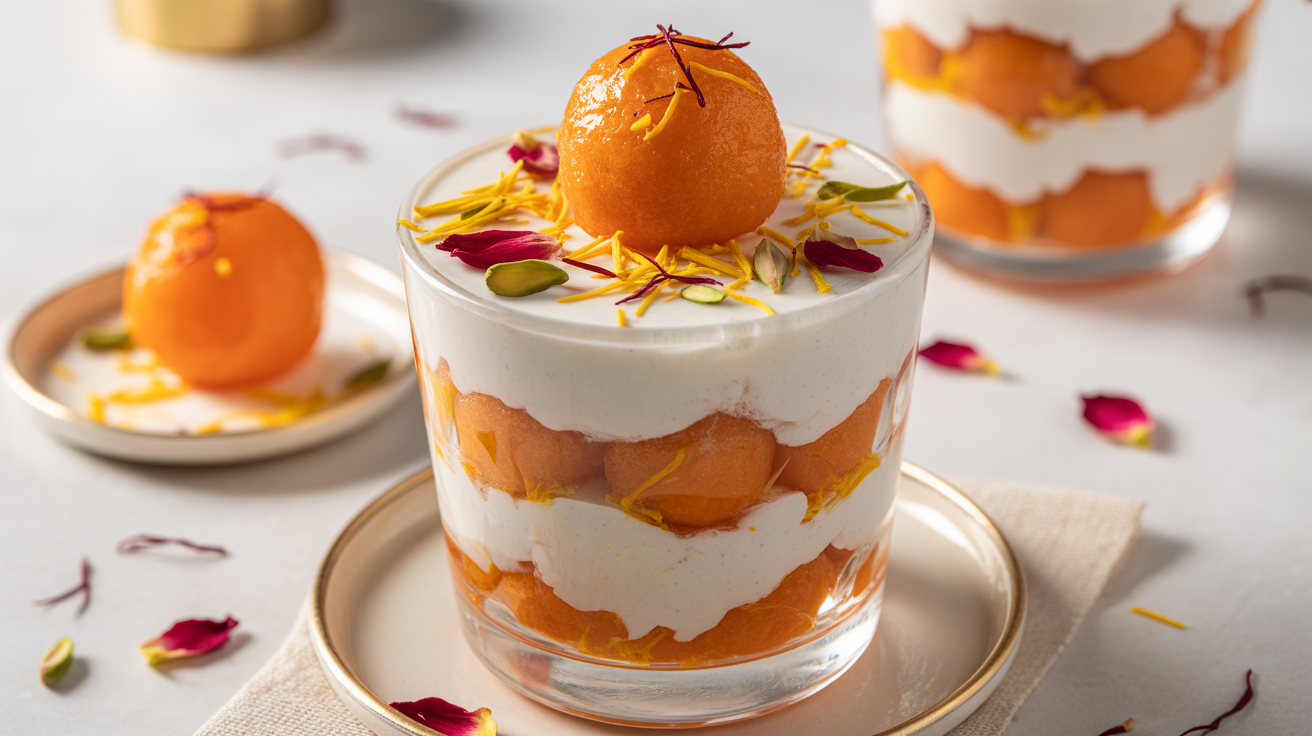 Close-up of a layered Motichoor Parfait topped with golden motichoor ladoos and soft chhena cubes in a glass.