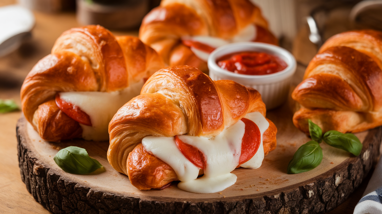 Freshly baked mozzarella and pepperoni croissant rolls on a baking sheet, golden and crispy with melted cheese.