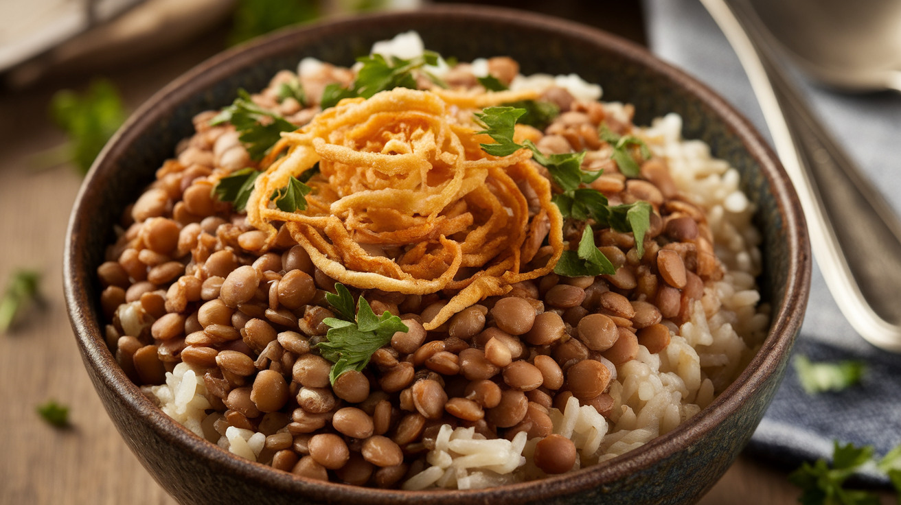 A bowl of Mujadara (lentils and rice) topped with golden crispy onions, fresh parsley, and a side of yogurt, served with a lemon wedge.