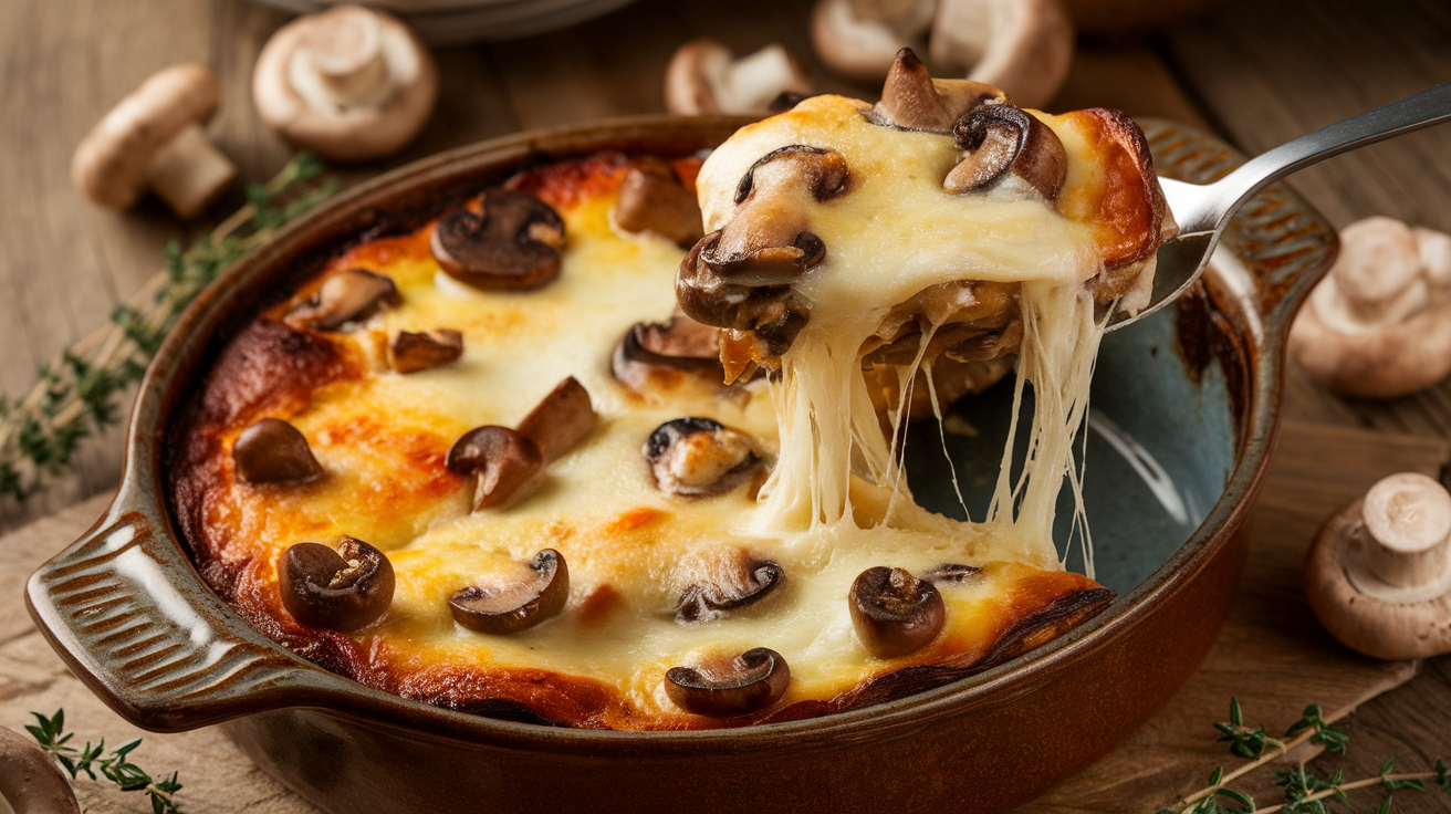 Creamy mushroom mozzarella bake with golden melted cheese, fresh herbs, and roasted mushrooms in a baking dish.