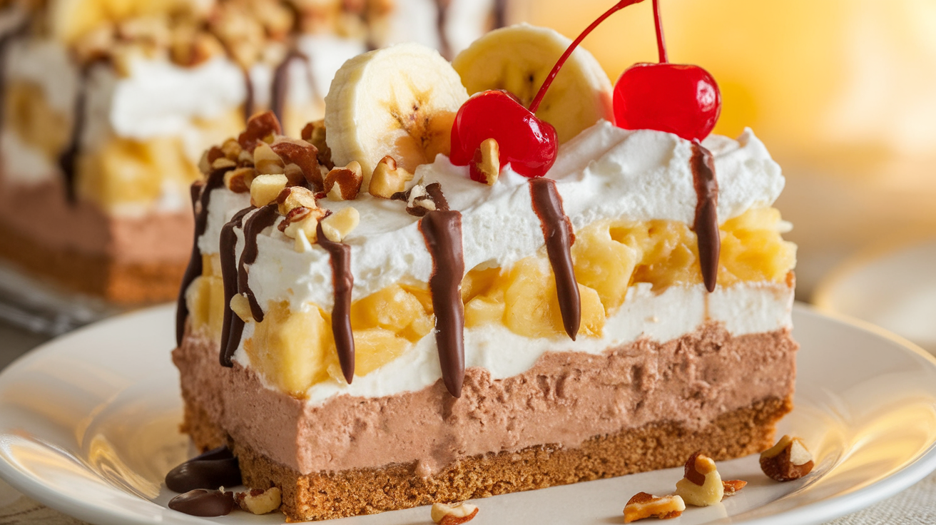 No-Bake Banana Split Cake with layers of graham cracker crust, cream cheese filling, fresh bananas, pineapple, strawberries, whipped cream, and chocolate drizzle.