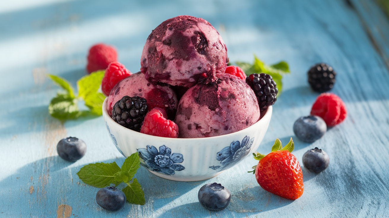 Homemade no-churn mixed berry sorbet in a glass bowl with fresh strawberries, raspberries, and blueberries, garnished with mint leaves.