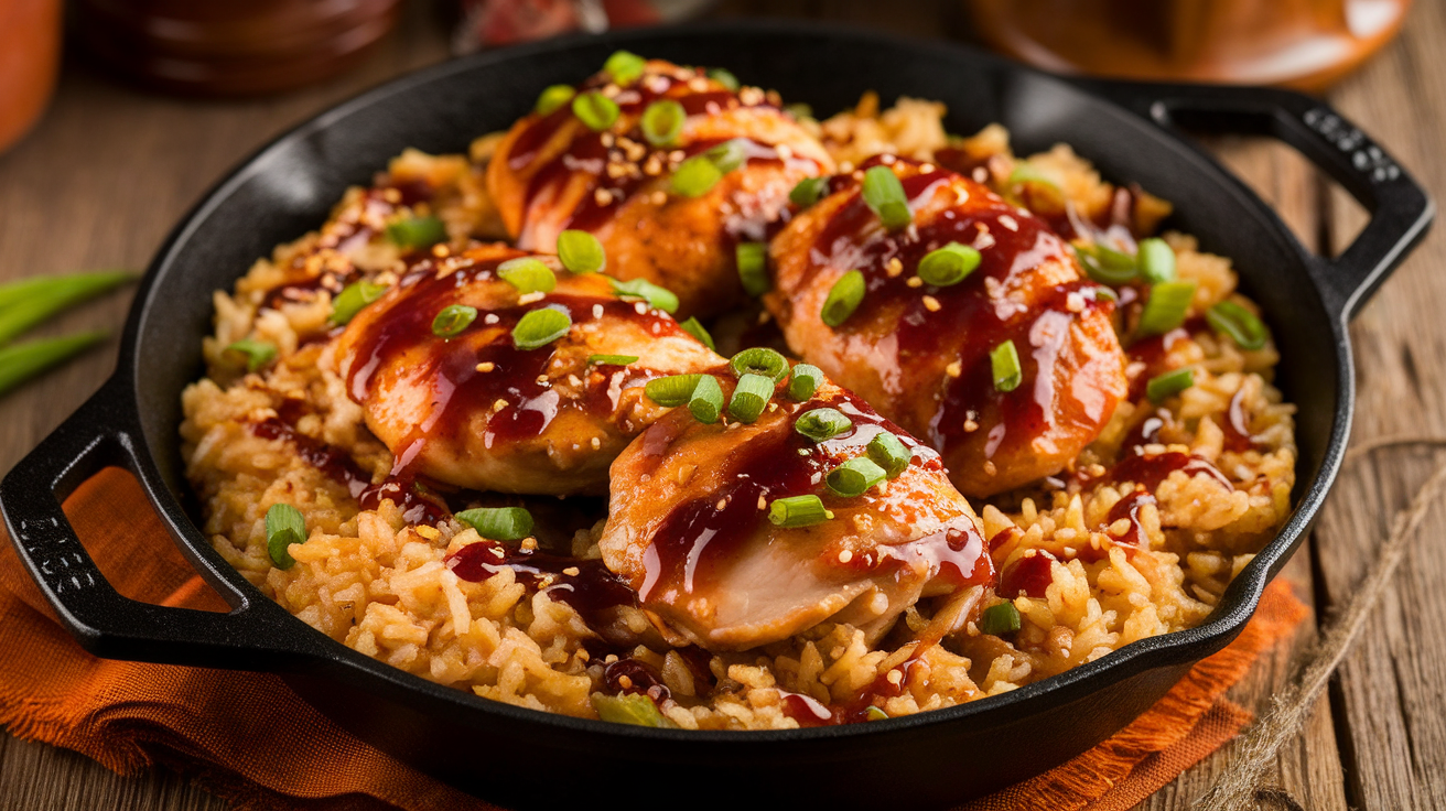 One-pan honey BBQ chicken with rice, garnished with fresh herbs and served in a black skillet.