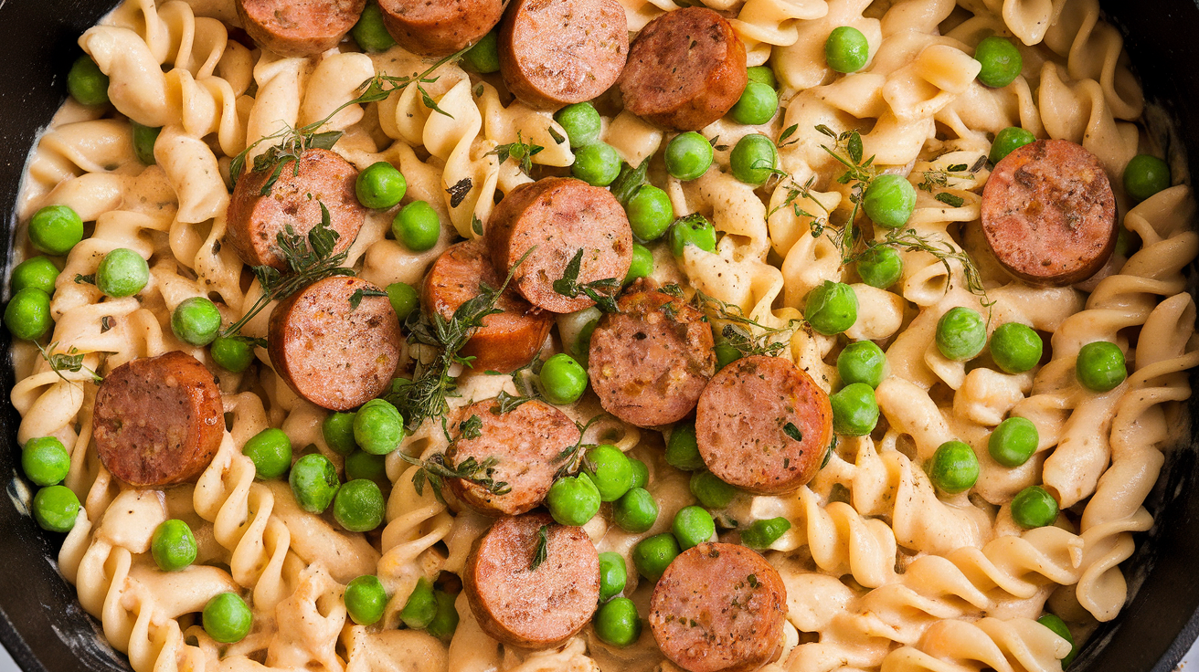Creamy sausage pasta with green peas served in a white skillet.