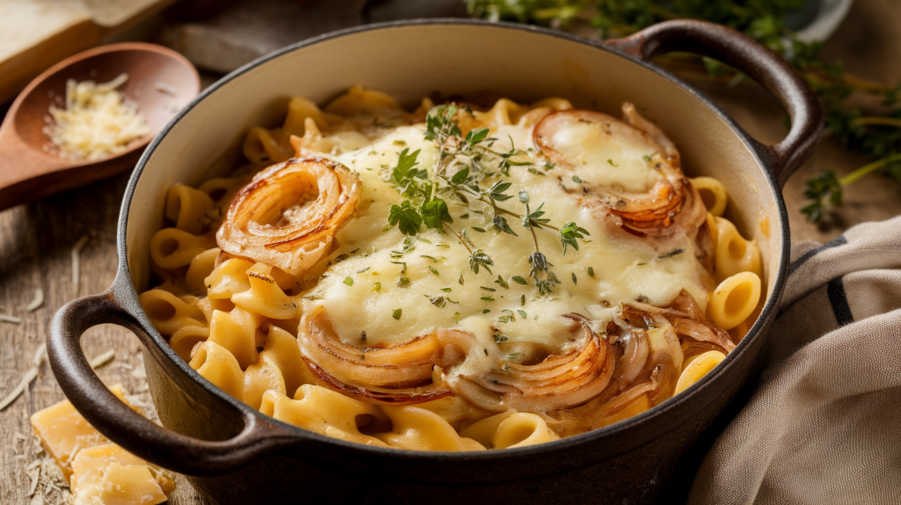 Creamy One Pot French Onion Pasta garnished with fresh thyme and caramelized onions in a skillet