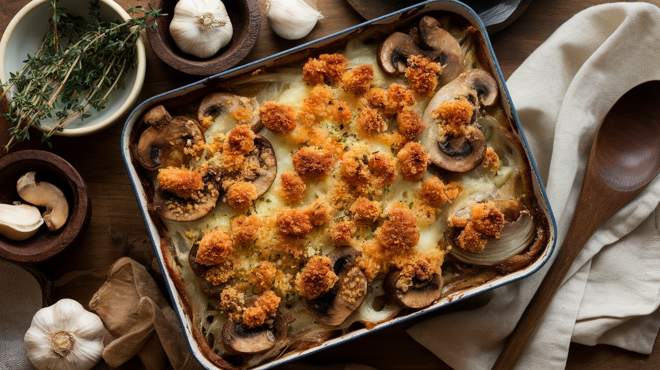 Creamy French onion mushroom casserole with caramelized onions, golden melted cheese, and toasted breadcrumbs, baked in a ceramic dish.