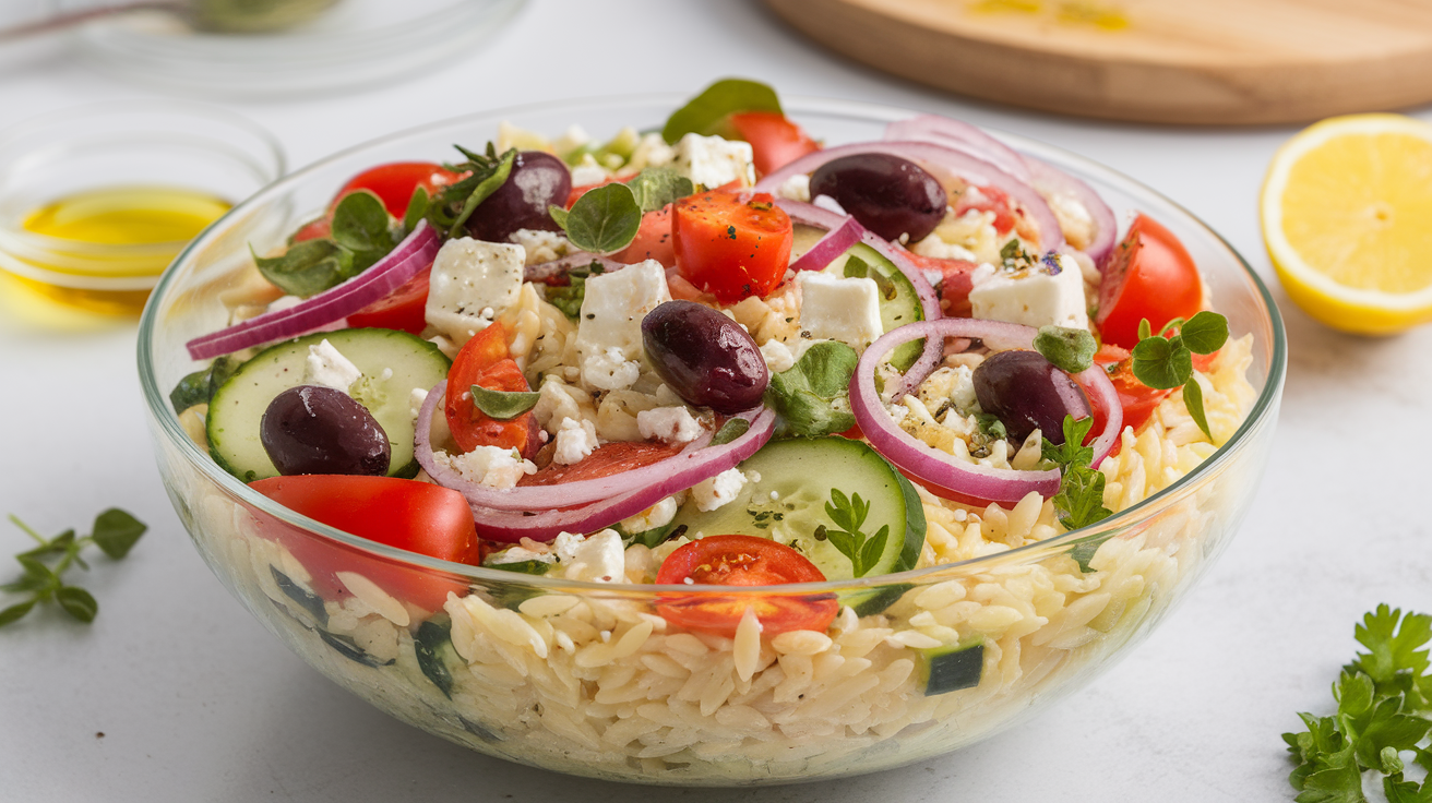 Colorful orzo pasta salad with cherry tomatoes, cucumbers, feta cheese, olives, and fresh herbs in a white bowl, drizzled with lemon vinaigrette.