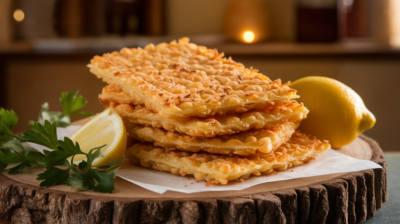 Golden, crispy Sicilian chickpea fritters (panelle) stacked on a plate, garnished with fresh parsley and lemon wedges.