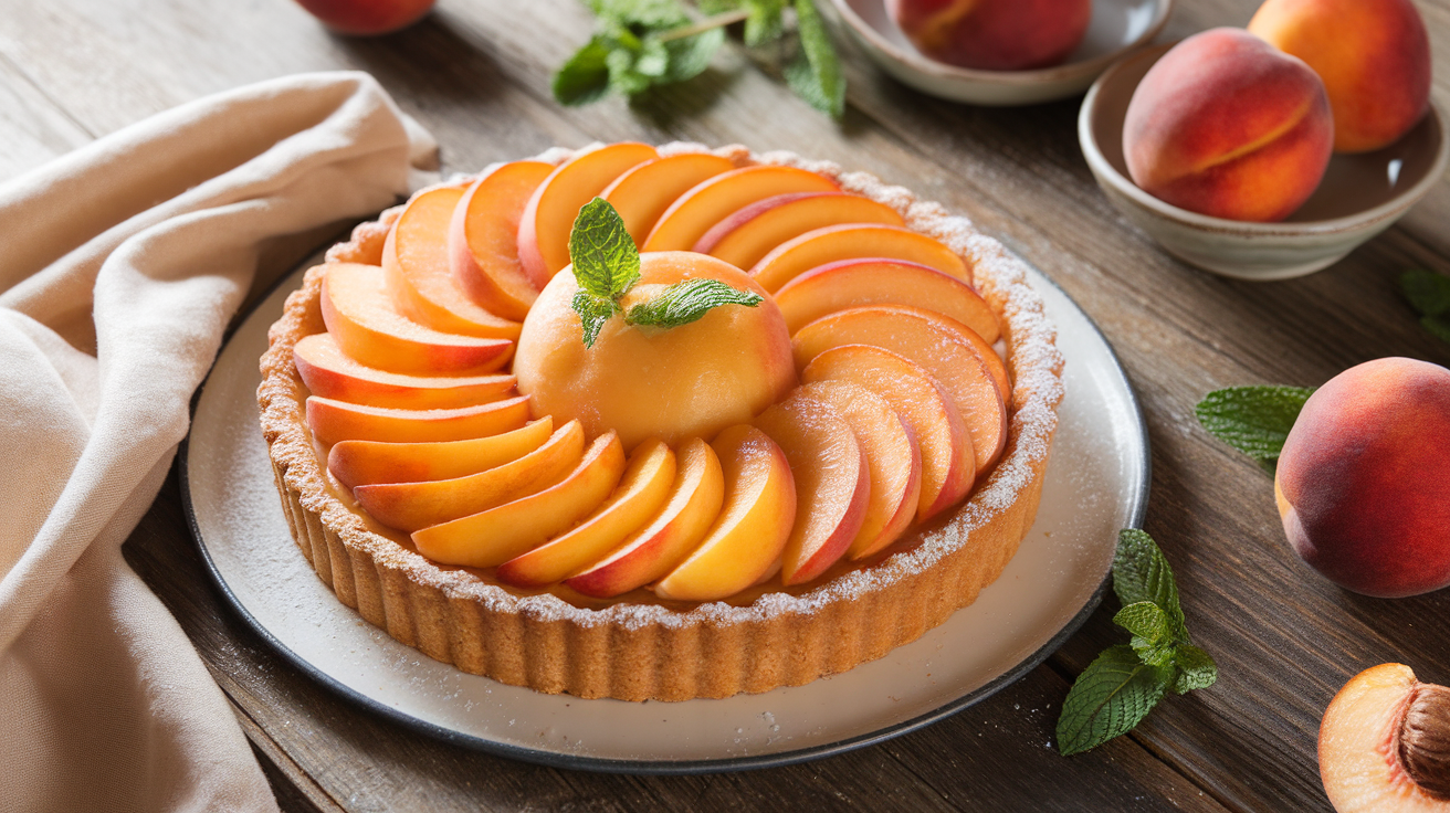 Golden peach frangipane tart with sliced peaches arranged in a spiral pattern on a flaky pastry crust, garnished with fresh mint leaves.