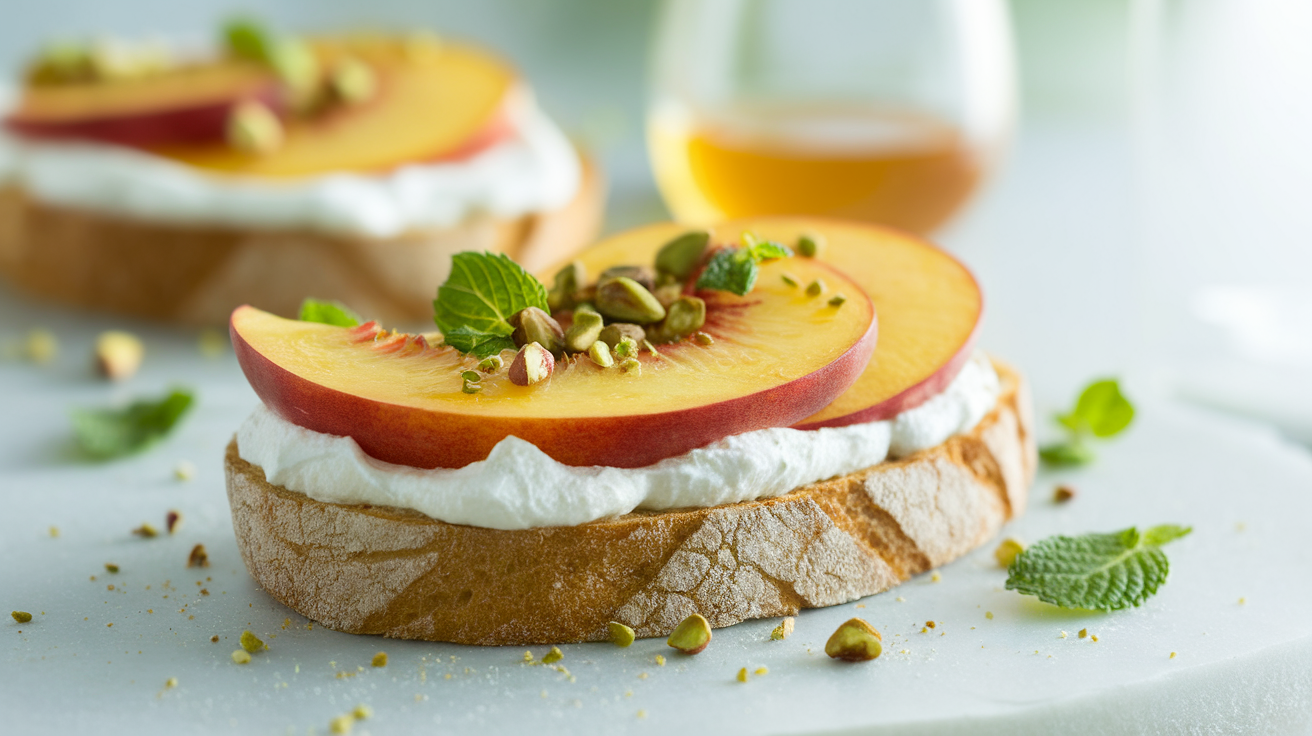 Peach ricotta toast topped with fresh peach slices, honey drizzle, and mint on a rustic wooden plate.