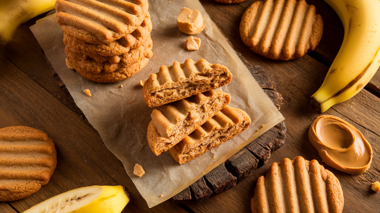 Freshly baked peanut butter banana cookies with gooey chocolate chips on a rustic wooden table.