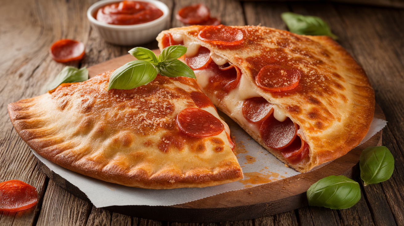 Golden-brown pepperoni calzone sliced open to reveal melted cheese and layers of spicy pepperoni.