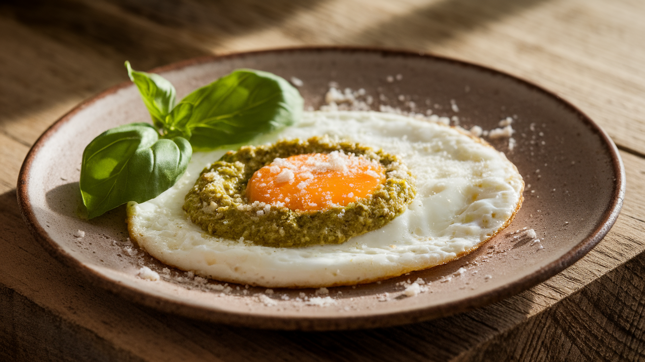 Golden fried eggs with crispy edges on a toasted slice of sourdough, drizzled with vibrant green basil pesto and sprinkled with red pepper flakes.