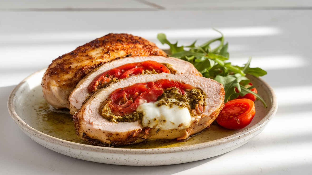 Juicy baked chicken breasts stuffed with creamy mozzarella, fresh tomato, and vibrant basil pesto, garnished with herbs.