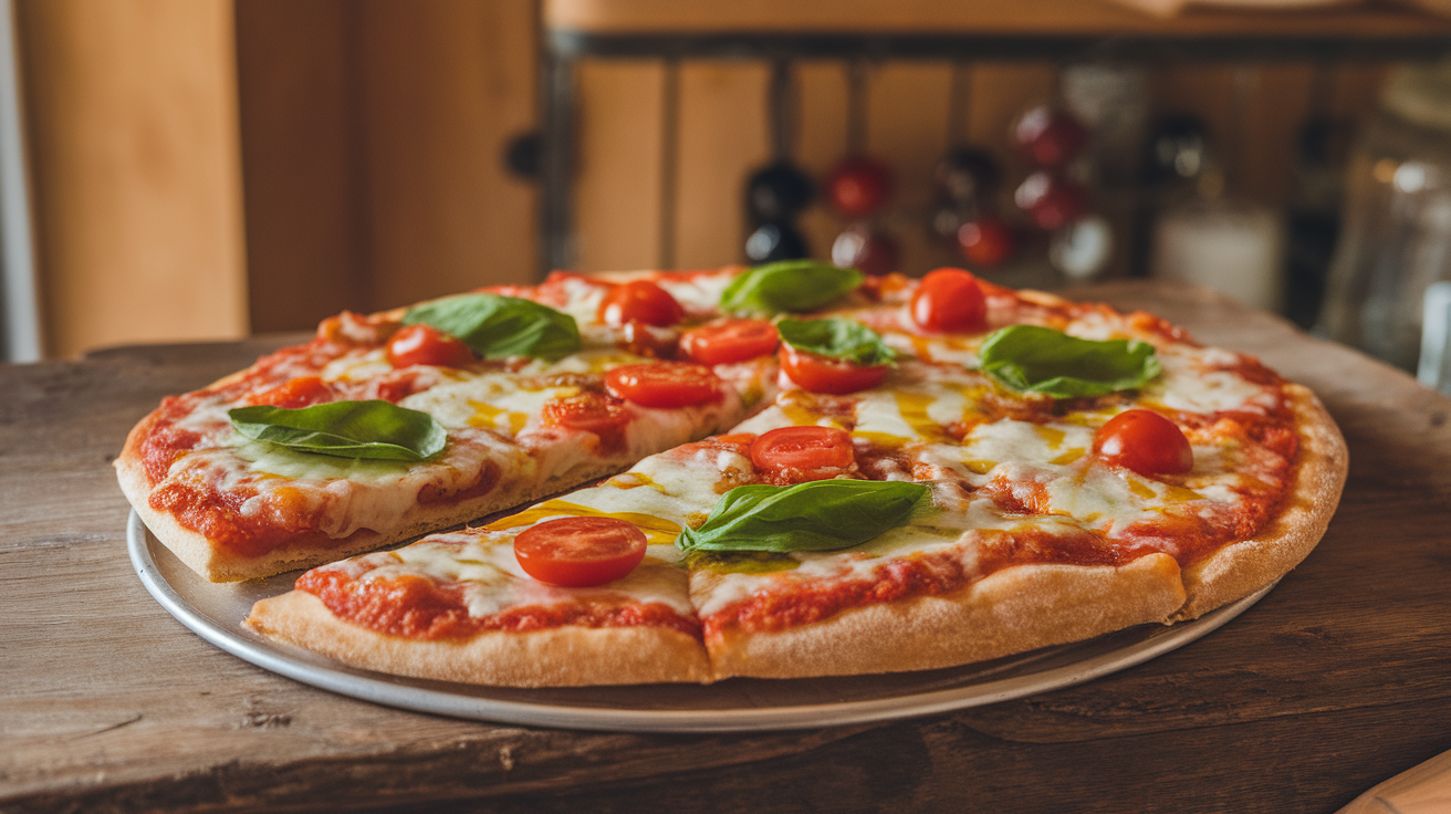 Homemade piadina pizza with melted cheese, fresh tomatoes, and basil, ready in 15 minutes on a wooden cutting board.