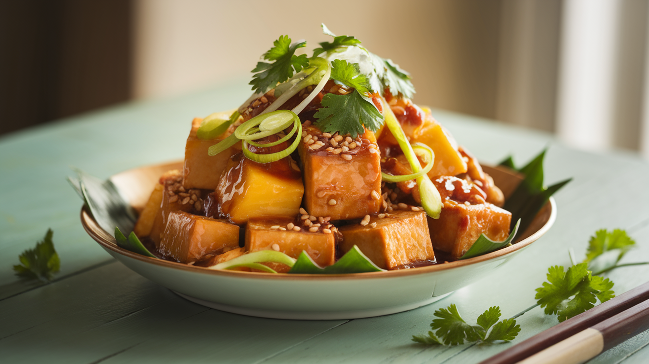 Golden crispy tofu and juicy pineapple chunks in a sweet and tangy sauce, garnished with green onions and sesame seeds.