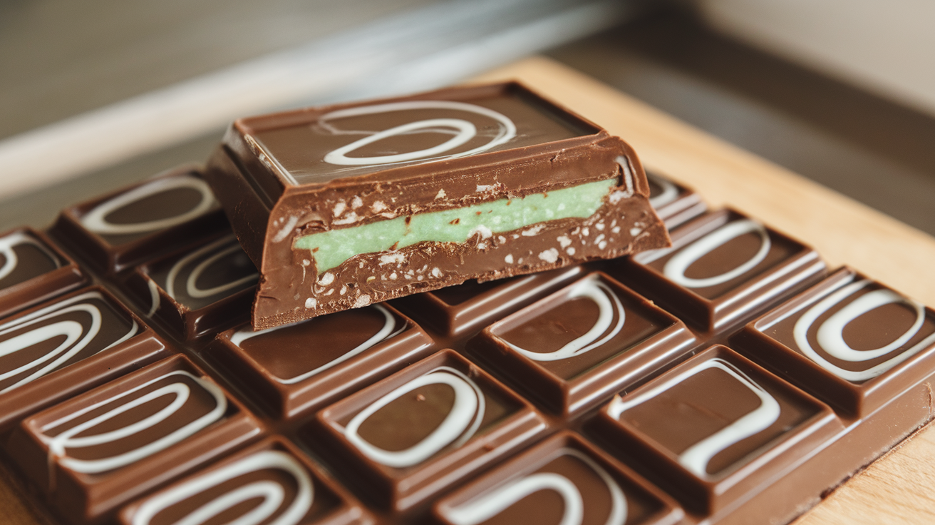 Pistachio Knafeh Chunky Chocolate Bar with layers of crispy shredded phyllo, creamy sweet cheese, crushed pistachios, and rich chocolate on a wooden board.