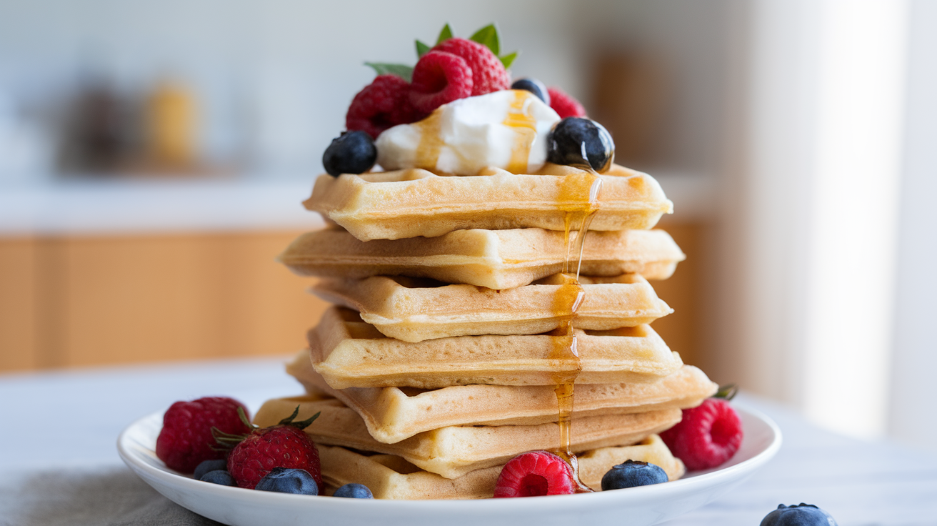 Stack of golden brown protein waffles topped with fresh berries and a drizzle of maple syrup on a white plate.
