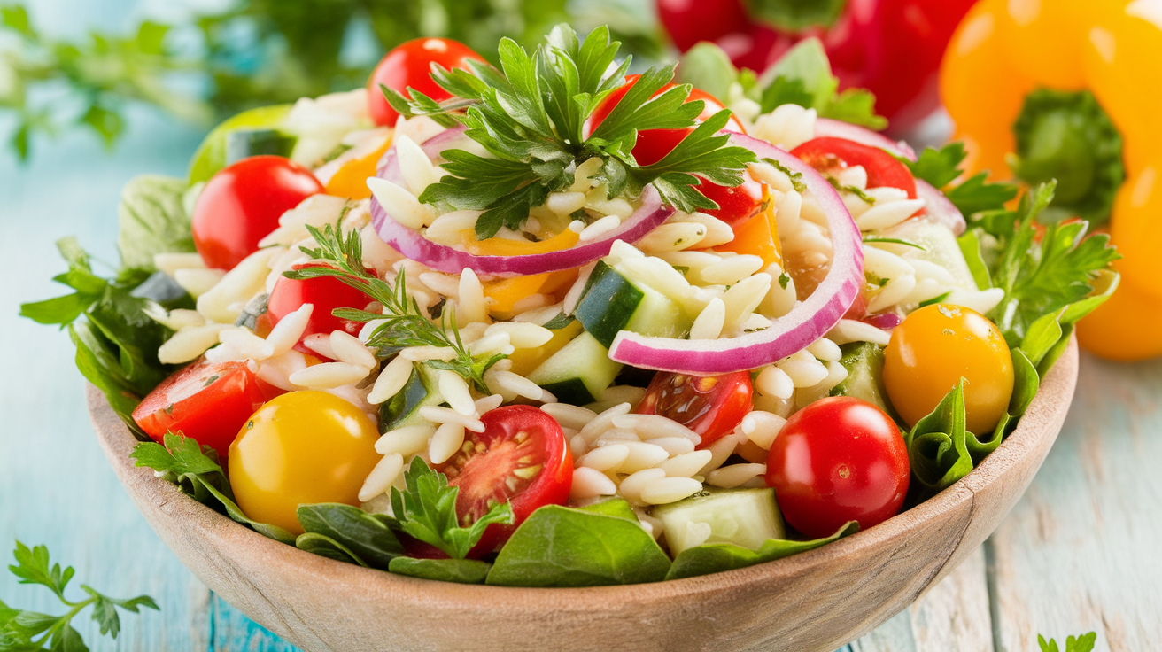 A colorful bowl of Rainbow Orzo Salad with vibrant vegetables mixed with tiny pasta.