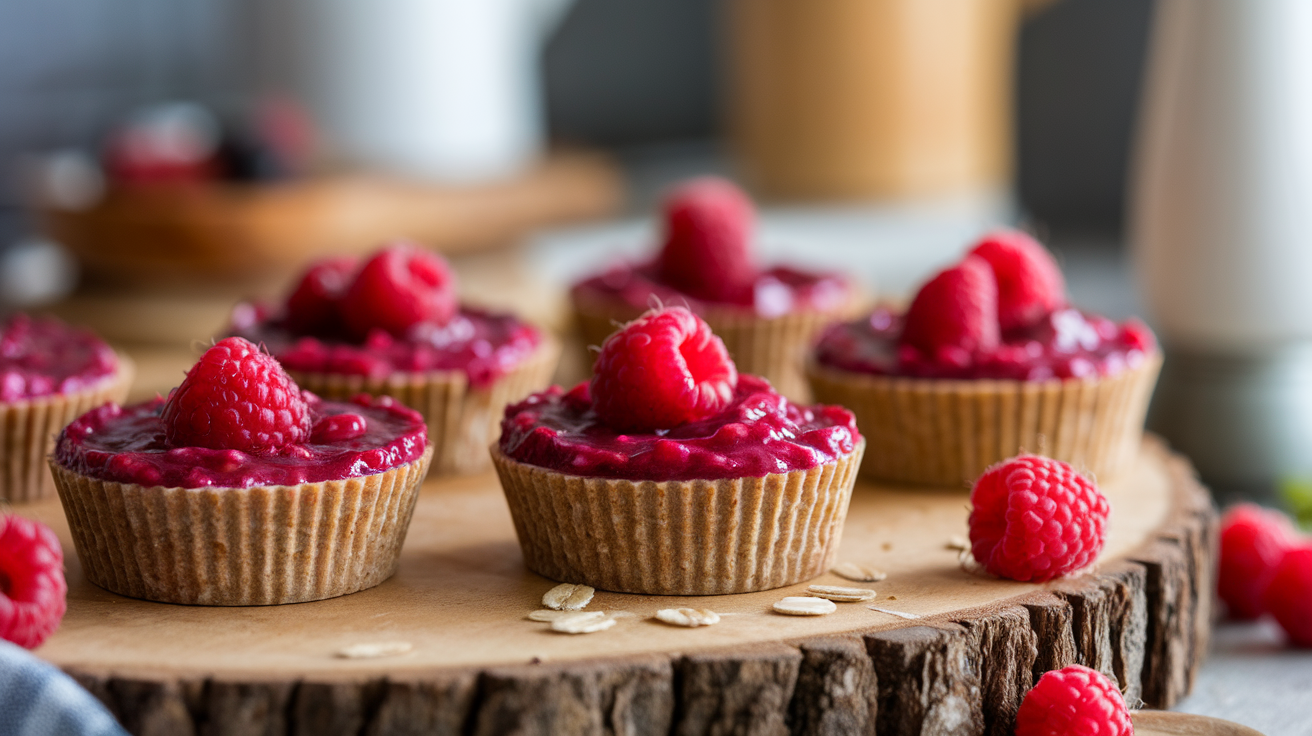 Three raspberry oatmeal cups topped with fresh raspberries and chia seeds on a white plate.