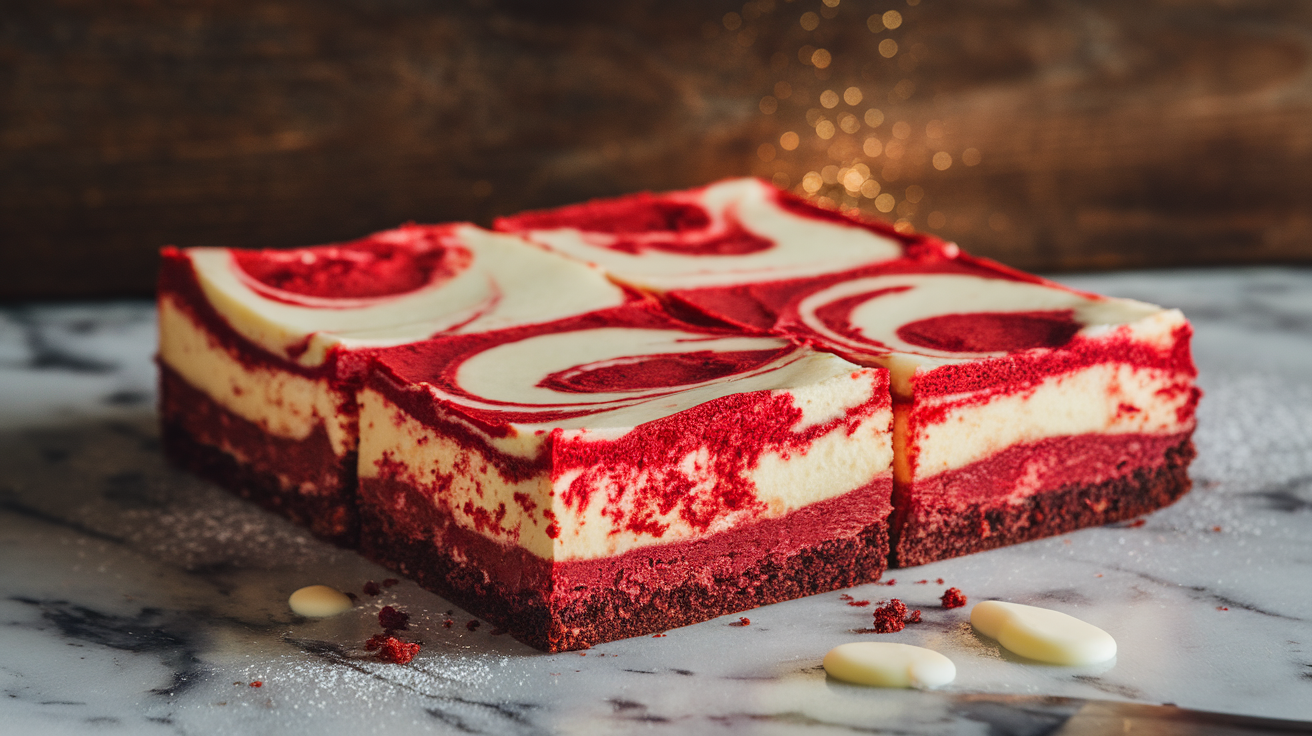 Homemade red velvet cheesecake brownies with a marbled cream cheese swirl on top, cut into squares on a white plate.