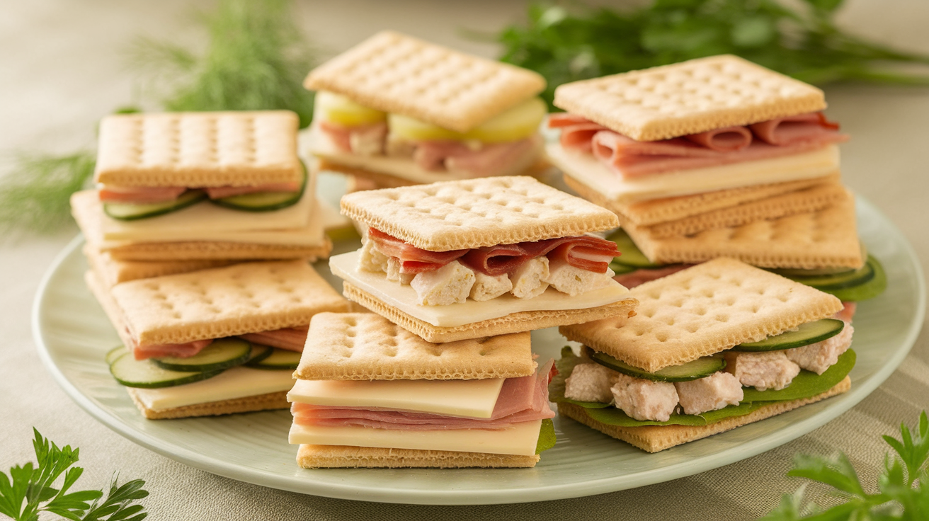 Assorted Ritz cracker party sandwiches with cream cheese, cucumber, smoked salmon, and ham on a serving platter.