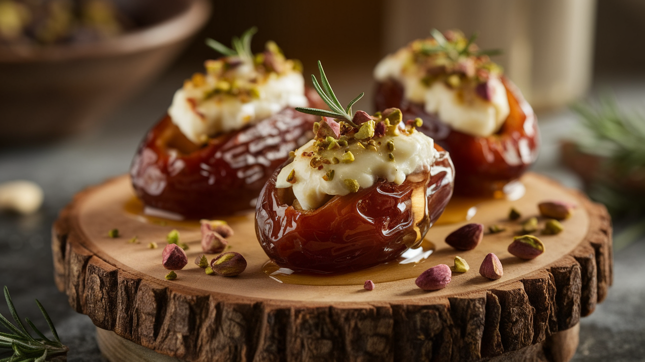 Golden roasted Medjool dates stuffed with creamy goat cheese, drizzled with honey, and garnished with chopped pistachios on a white plate.
