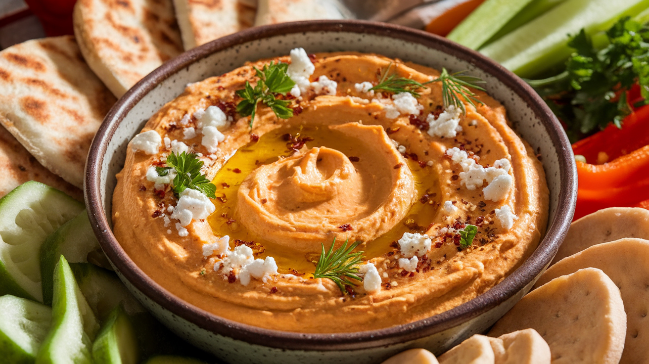 Bowl of creamy roasted red pepper and feta dip garnished with fresh herbs, served with pita chips on a wooden table.