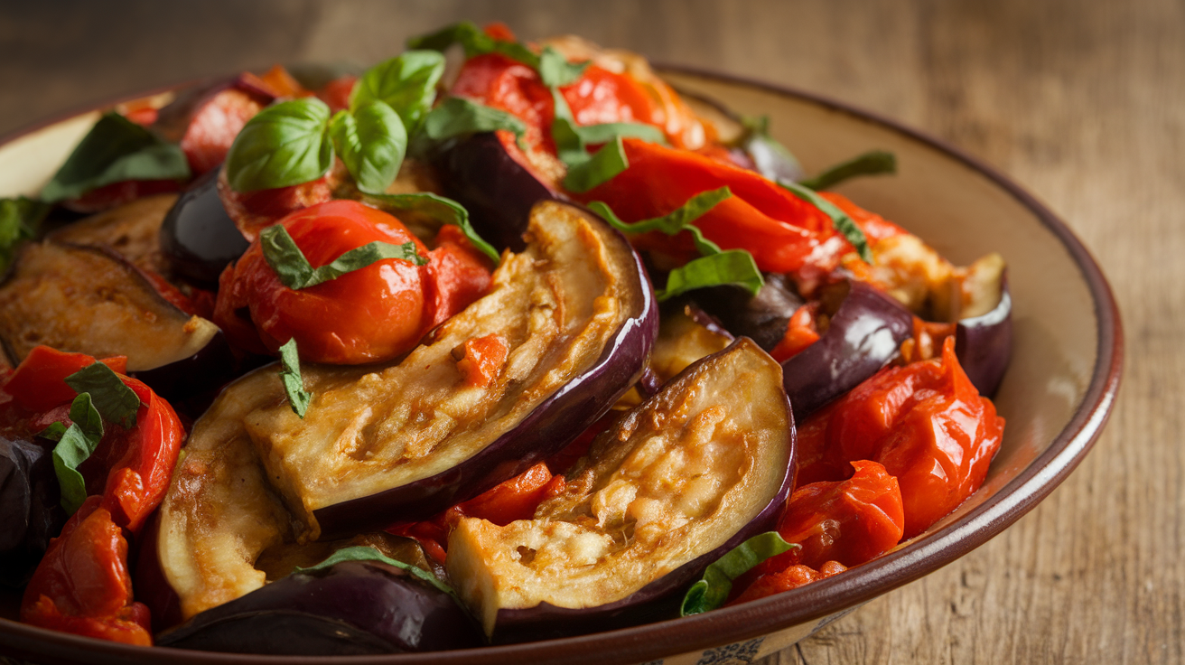 Sautéed eggplant and tomatoes cooked with herbs and spices in a skillet.