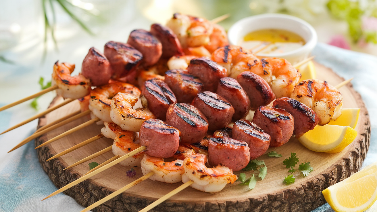 Grilled sausage and shrimp kabobs with colorful bell peppers and onions on skewers.