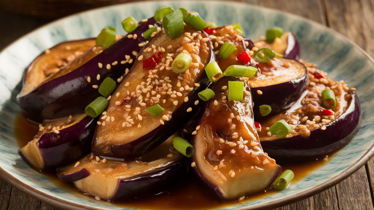 Sautéed Chinese eggplant in garlic sauce with glossy glaze, garnished with green onions and sesame seeds, served in a white bowl.
