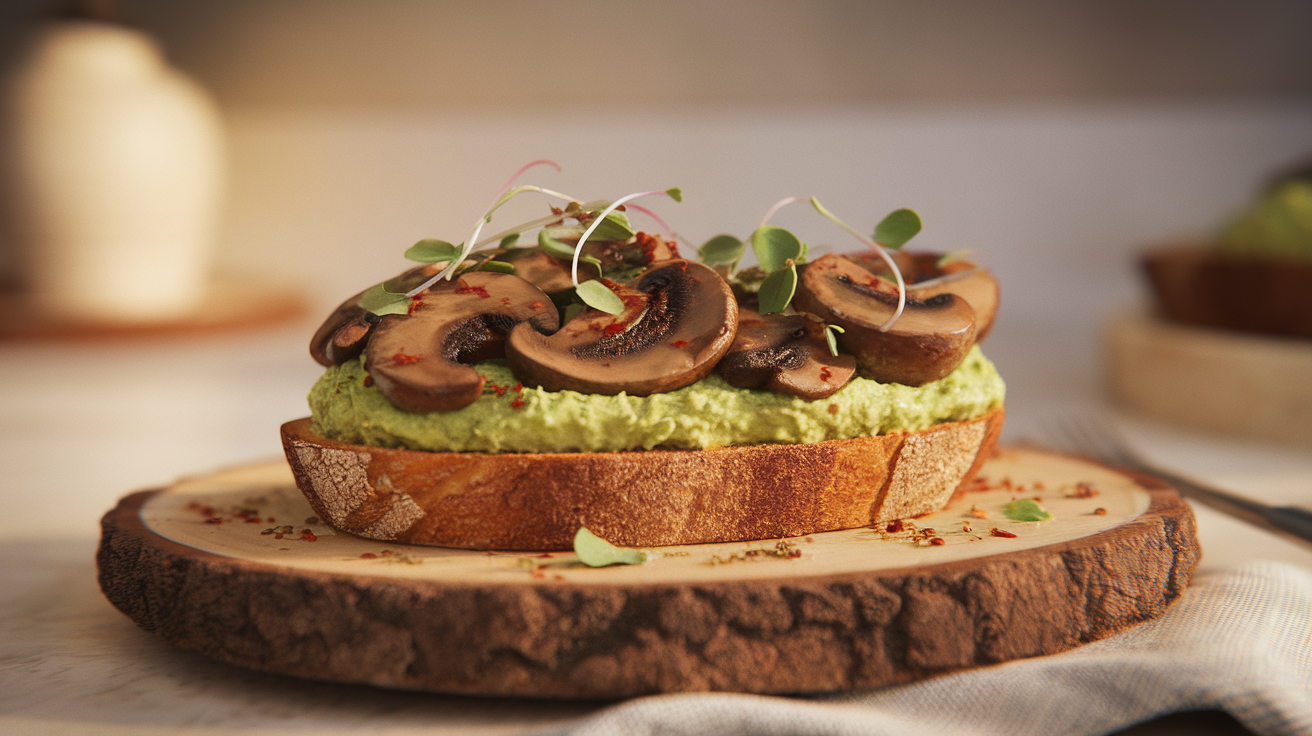 Creamy mushroom and avocado toast on rustic bread, topped with fresh herbs, chili flakes, and a drizzle of olive oil.