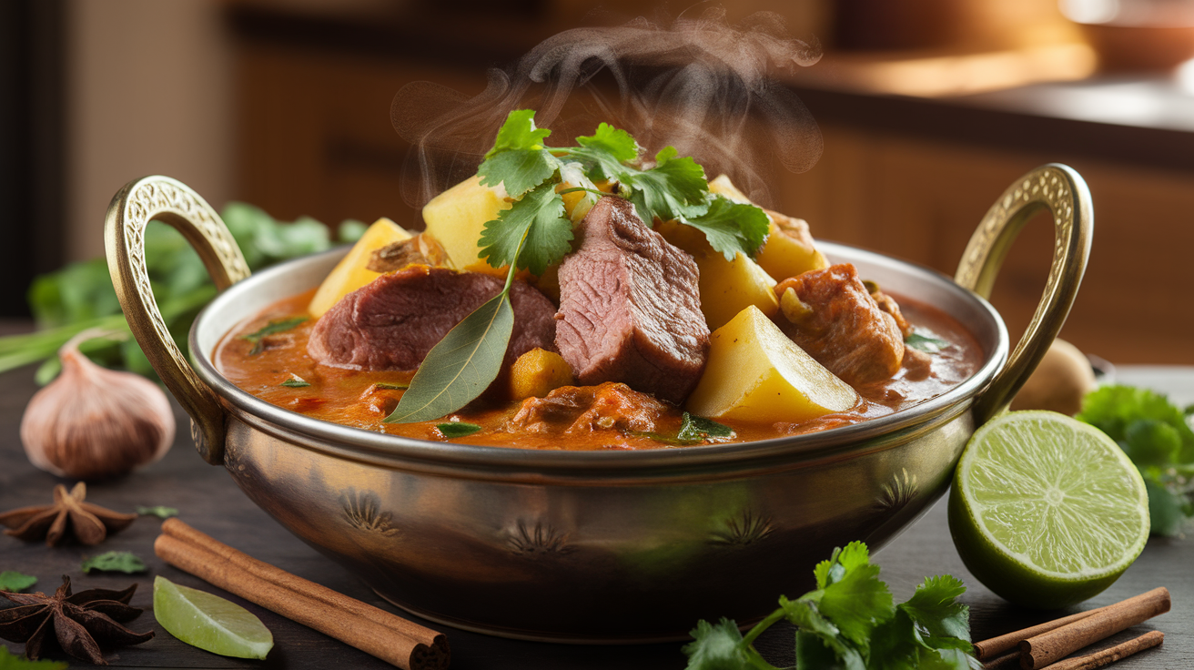 Aromatic lamb potato curry in a bowl with tender meat, golden potatoes, and rich spiced gravy, garnished with fresh cilantro.