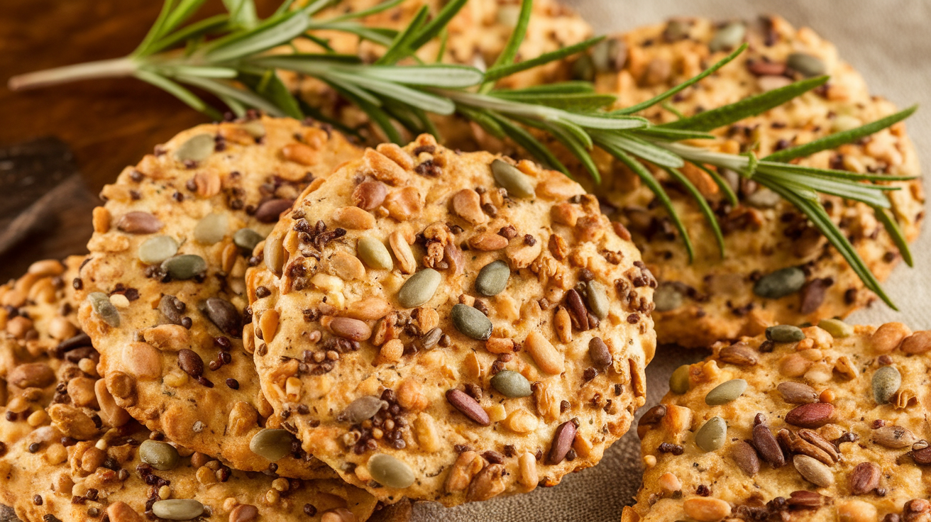 Crispy seeded crackers sprinkled with fresh rosemary on a wooden board.