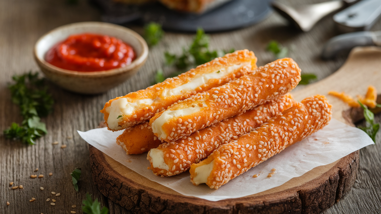 Freshly baked sesame cheese sticks with golden crust and melted cheese, served on a wooden board.