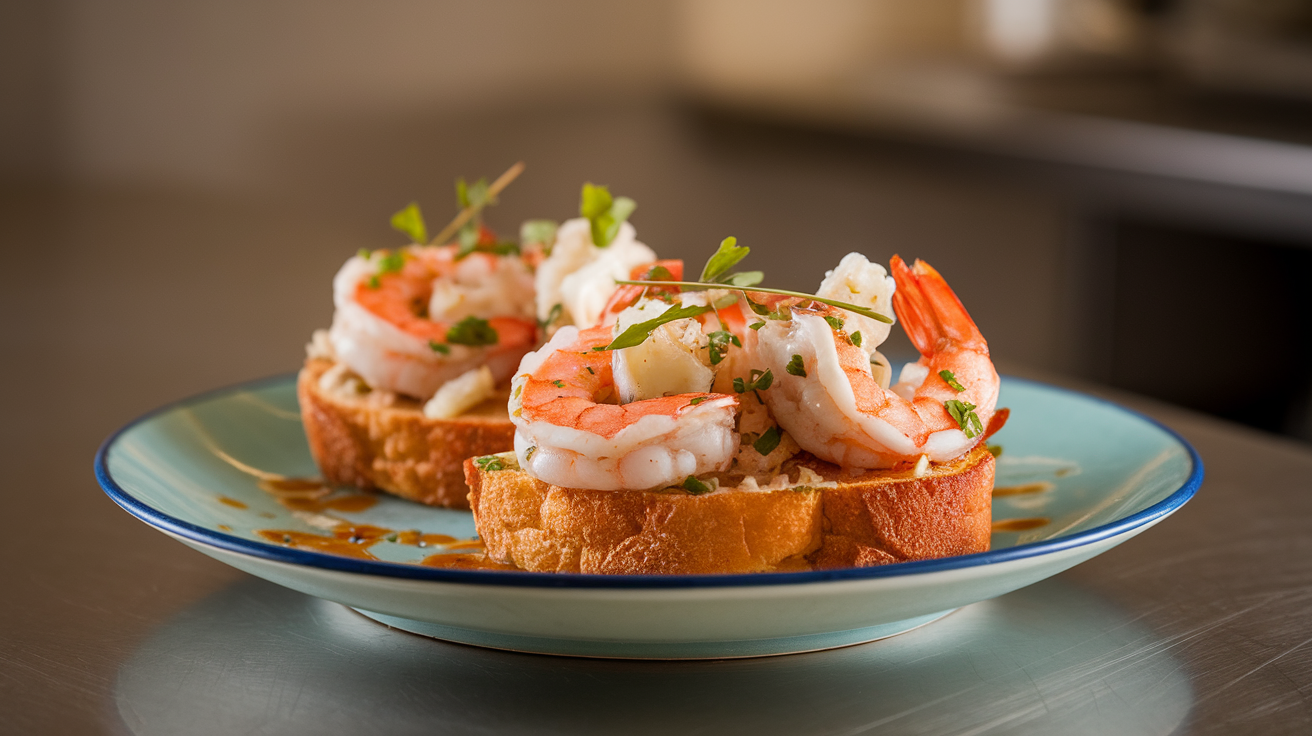 Golden garlic toast topped with creamy shrimp and crab mixture, garnished with herbs.