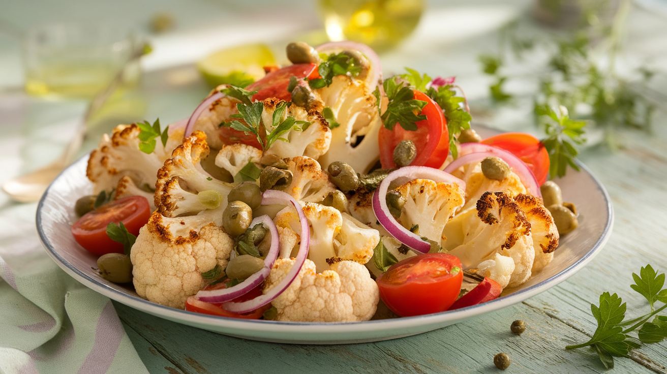 Vibrant Sicilian Cauliflower Salad with roasted cauliflower, olives, capers, cherry tomatoes, and parsley in a white bowl, drizzled with lemon dressing.