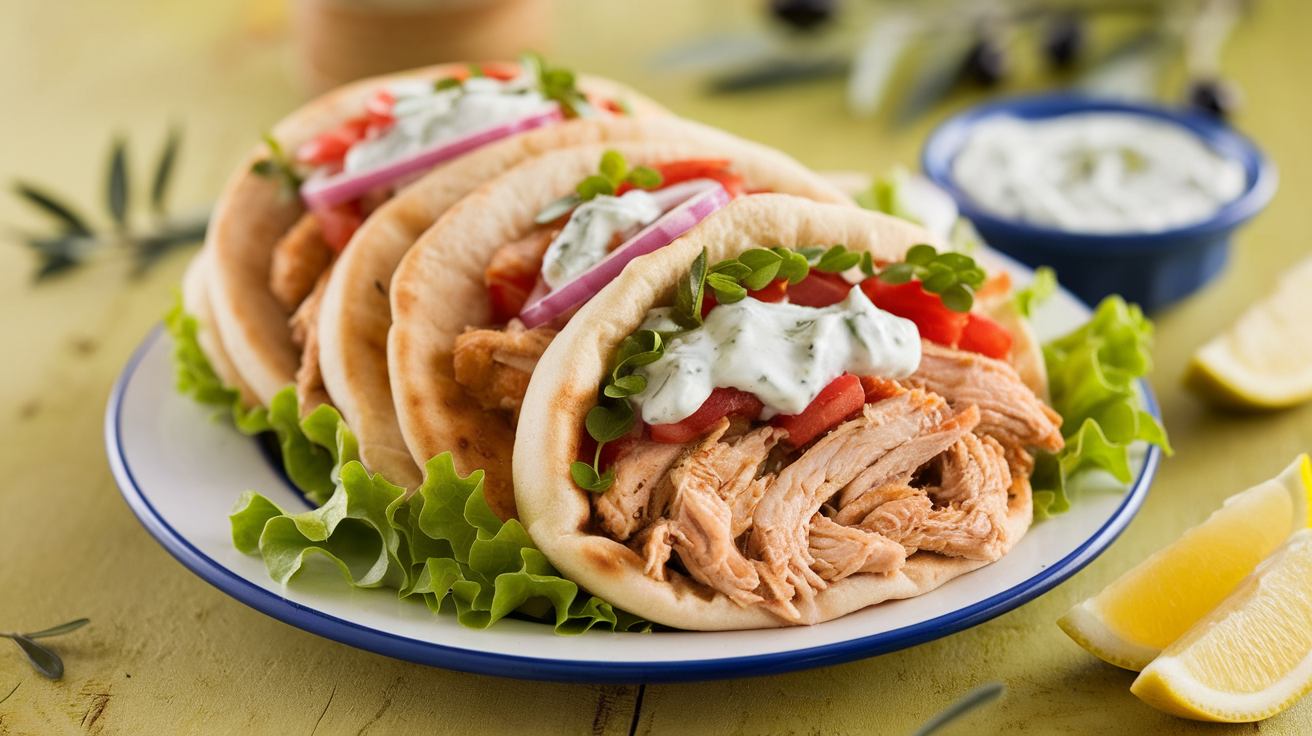 Slow cooker chicken gyros with tender spiced chicken, fresh tzatziki sauce, tomatoes, red onions, and warm pita bread on a wooden table.