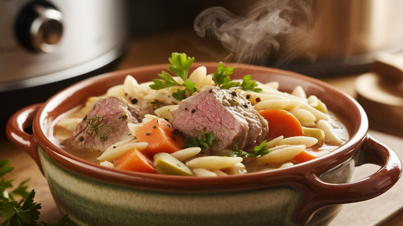 Slow Cooker Lamb Orzo Stew with tender shredded lamb, orzo pasta, tomatoes, and fresh herbs in a rich broth, served in a white bowl.