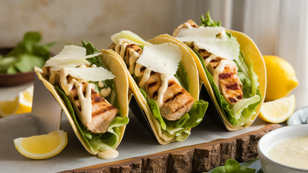 Smash Chicken Caesar Tacos served in warm tortillas, topped with grilled chicken, romaine lettuce, parmesan, and Caesar dressing.