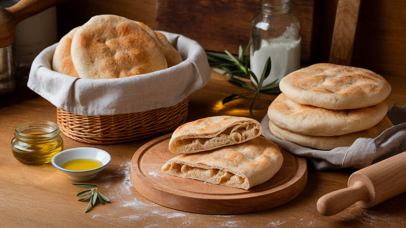 Freshly baked sourdough pita bread with puffed pockets, golden crust, and soft interior, resting on a wooden cutting board with flour dusting.